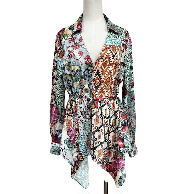 古着 ザラ ZARA シャツブラウス 変形デザイン クリーニング済み パッチワーク 花柄 幾何学 モロッコ製 レディース Lサイズ