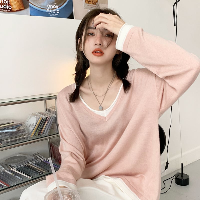 セーター スプリングオータムスタイルルーズVネックブラウス ピンク 春物 秋物 試着室43724976068