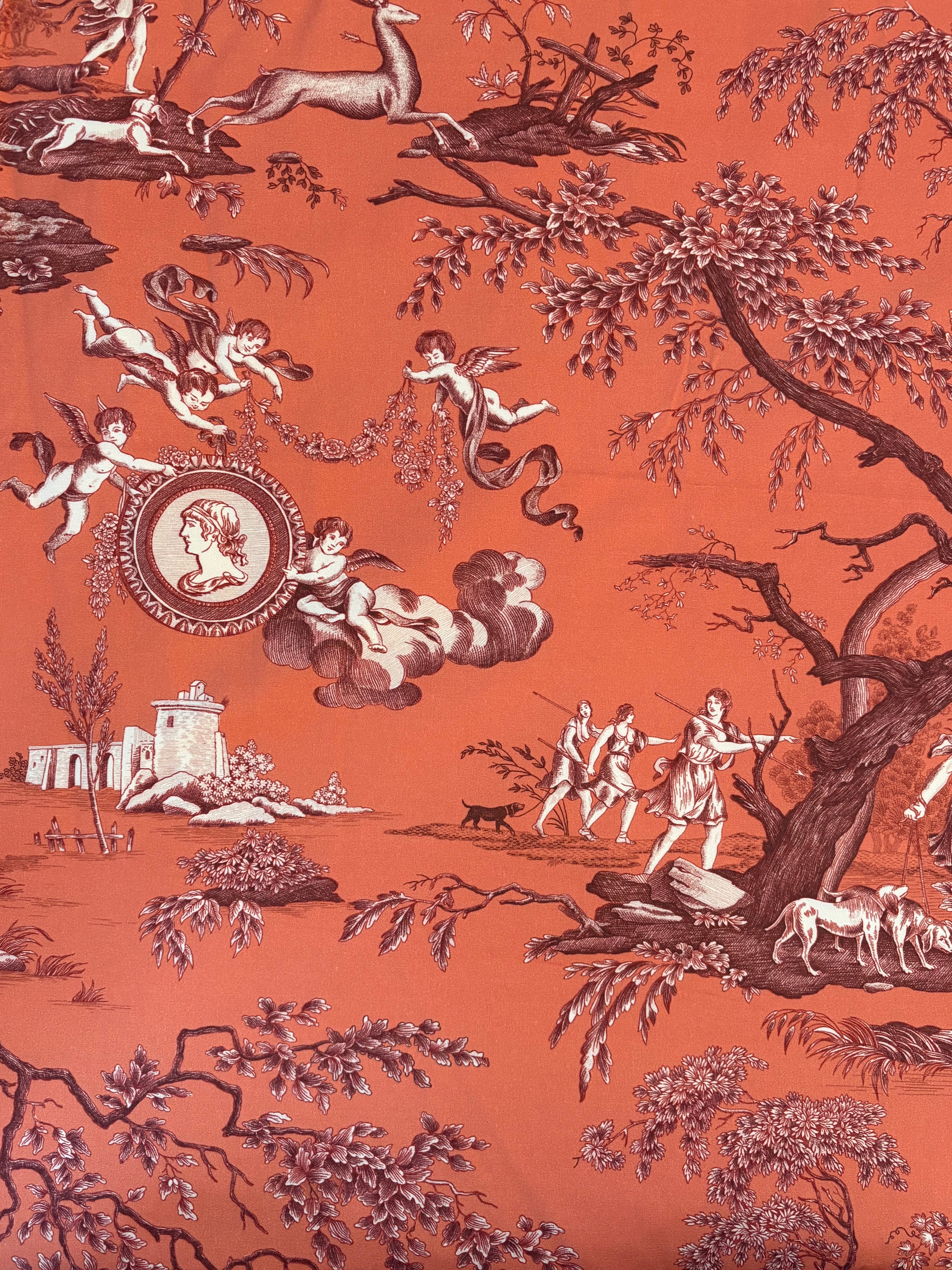 フランス コットンファブリック トワルドジュイ Toile de Jouy アルテミス オレンジピンク カルトナージュ スツール 茶箱