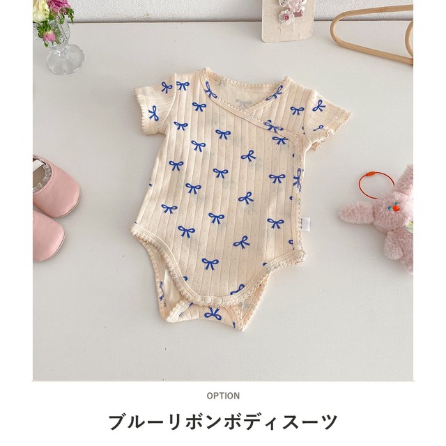 【BABY】ハートリボン総柄半袖前開きロンパース - 2