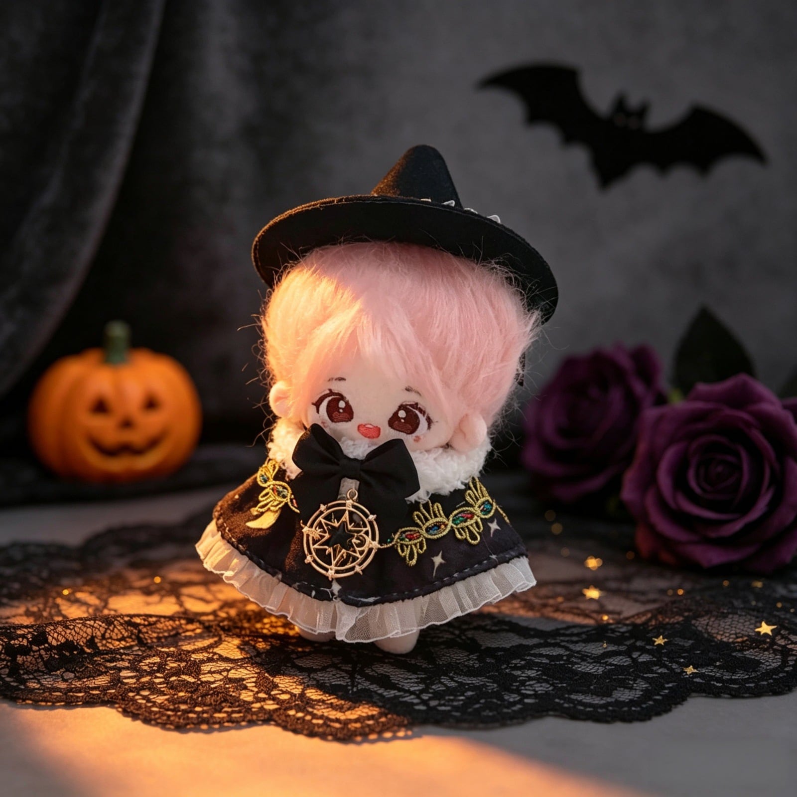 Labubu1-3代/Dimoo/Zsiga/Crababy/10cm用 魔女風 刺繍ケープ リボン