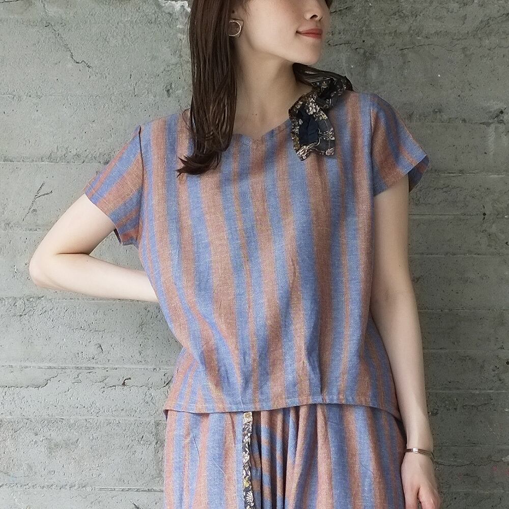 フリル付きオリジナルストライプ半袖カットソー(21s-18)ネイビーブルーver2