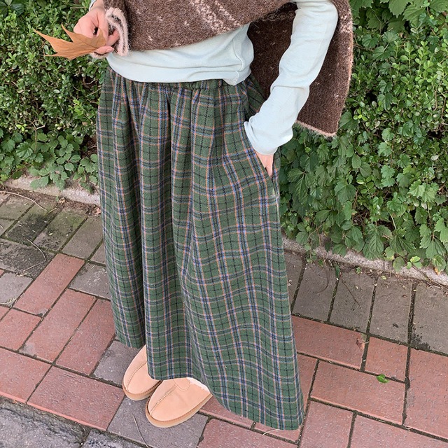 retro green check wool like skirt  e1810