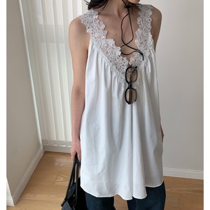 Lace Trimming Vneck Sleeveless Tunic 2col W00274