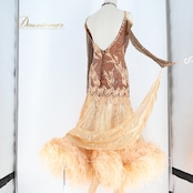 社交ダンス 衣装 スタンダードドレス ワンピース ドレス ファー 茶色 ゴールド 金 ブラウン デモ 競技 ダンス パーティ 発表会 ブラウン系 ゴールド系 お洒落 フワフワ エレガント レディース 発表会衣装 大人用 ステージ衣装 パフォーマンス コスチューム 競技会用