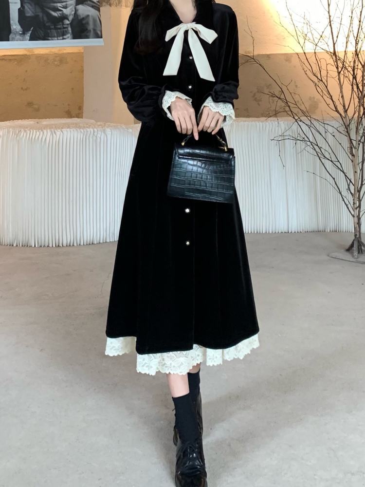 ベルベット素材で高見えコーデ ビッグリボンベルベットワンピース