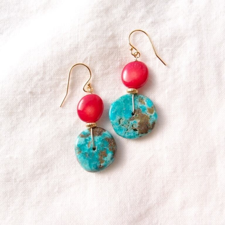 【K14gf】Turquoise × Red Coral Earrings/ターコイズ×レッドコーラル フックピアス