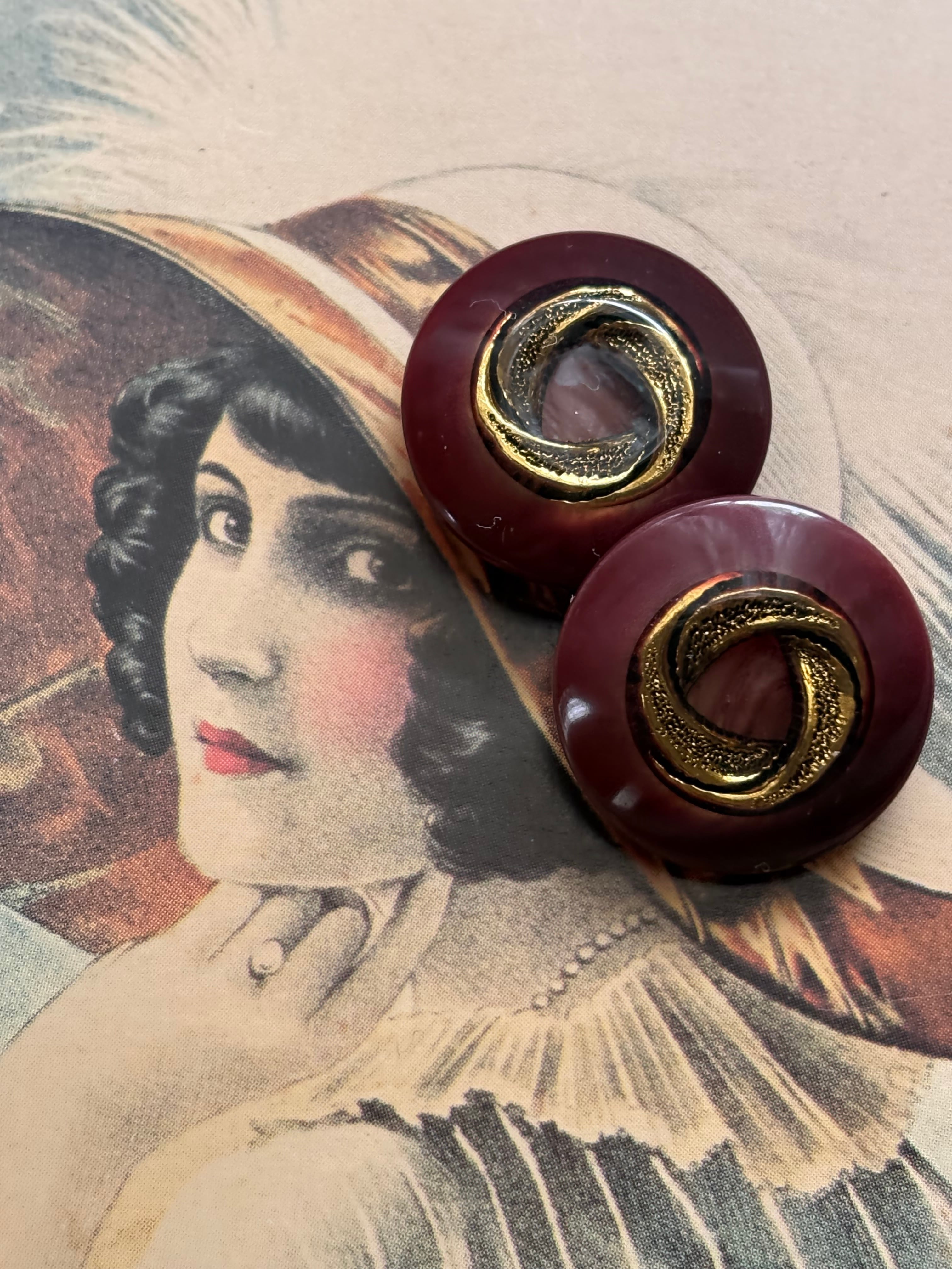 20mm Japaneseヴィンテージボタン レトロ ワインレッド×ゴールド アクセサリーパーツ デコレーション材 レトロボタン