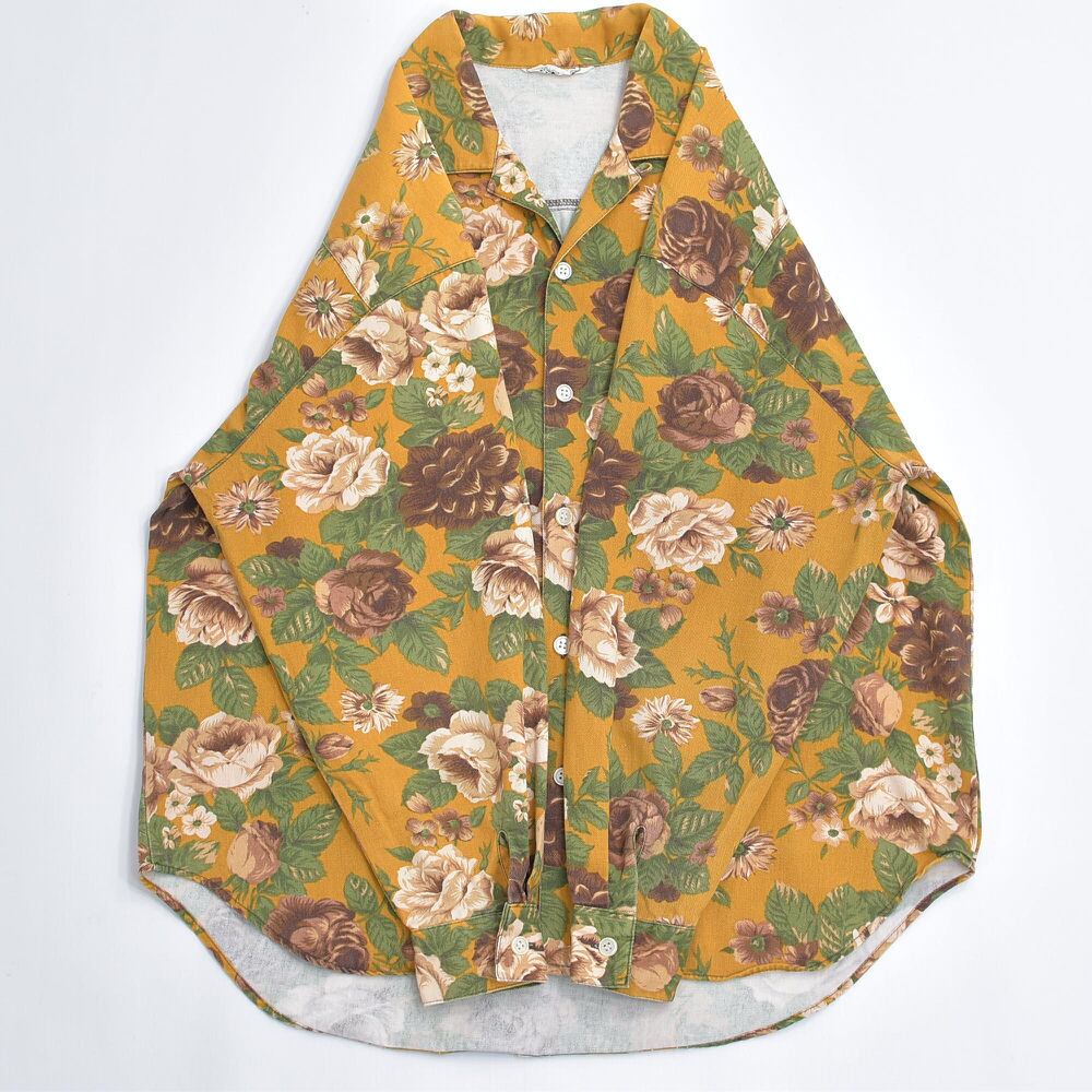 ヴィンテージ レトロ古着 花柄オーバーサイズシャツ 黄色 オープンカラー 80～90s Vintage プチフラワー リバティ風 総柄 オープンカラーシャツ