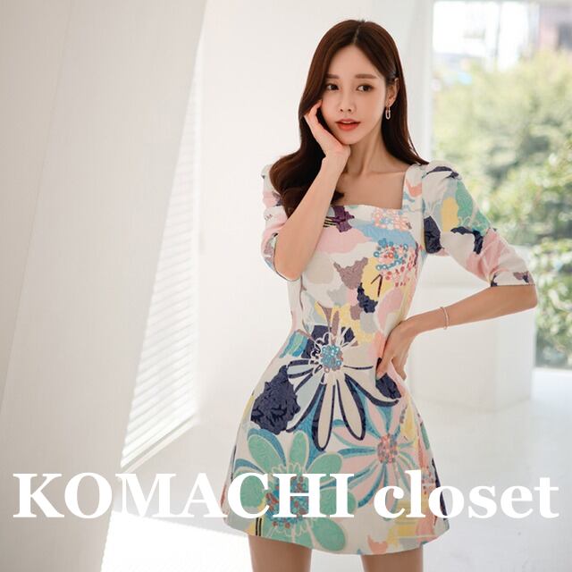 【送料無料】 ワンピース ショート丈 スクエアネック 七分袖 花柄 ハイウエスト スリム 細身 韓国 レディース かわいい 可愛い キュート 大人可愛い 大人女子 シンプル きれいめ カジュアル 大人 気品 上品 おしゃれ お洒落 こなれ感 きちんと 大人女子 セクシー クール エレガント フェミニン S M L XL 春 夏 オルチャン 10代 20代 30代 お呼ばれ パーティー デート ショッピング 休日 普段使い デイリー コーデ トレンド 美脚 脚長 スタイル 安い