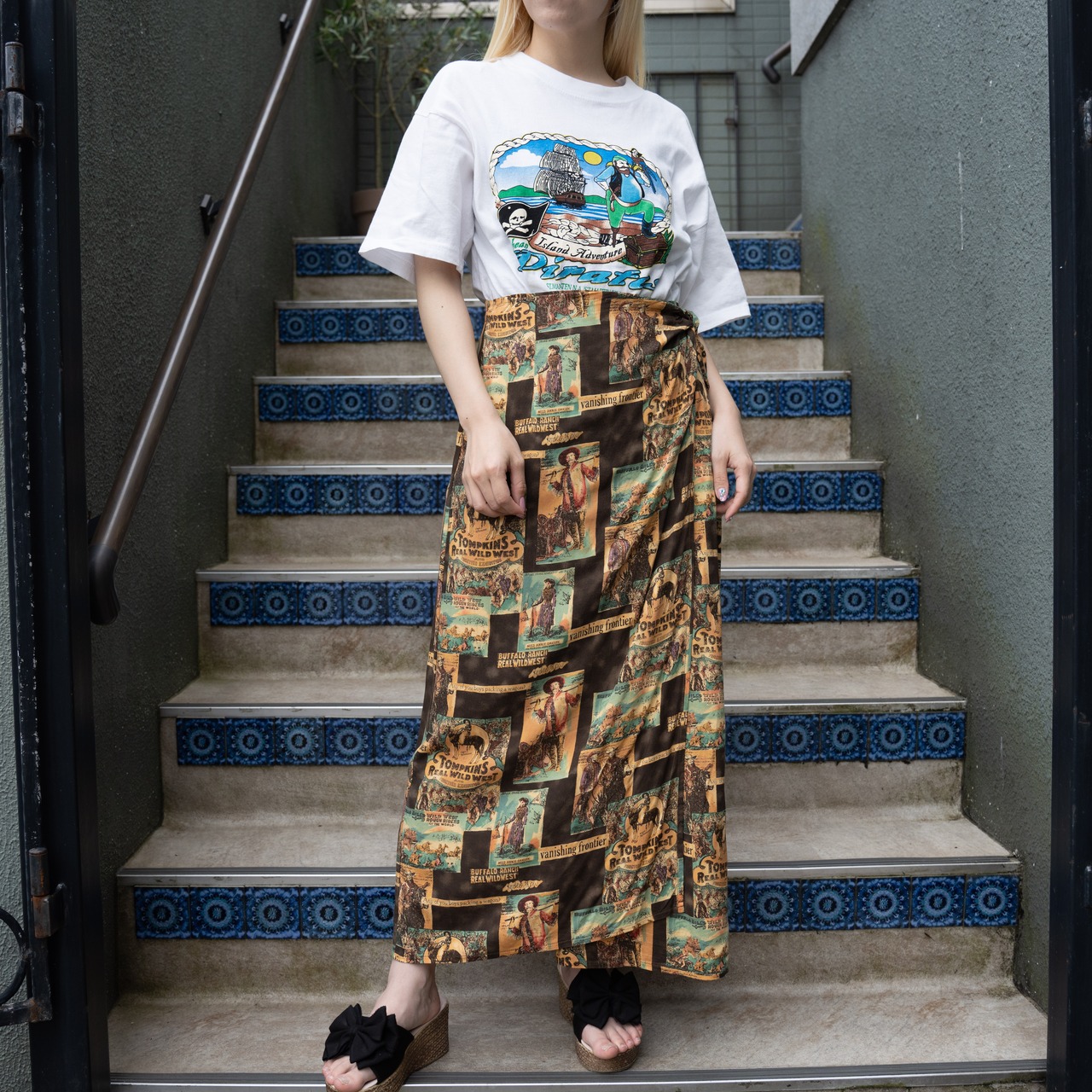 USA VINTAGE DOUBLE RANCH WEAR AMERICAN RETRO PATTERNED WRAP SKIRT 