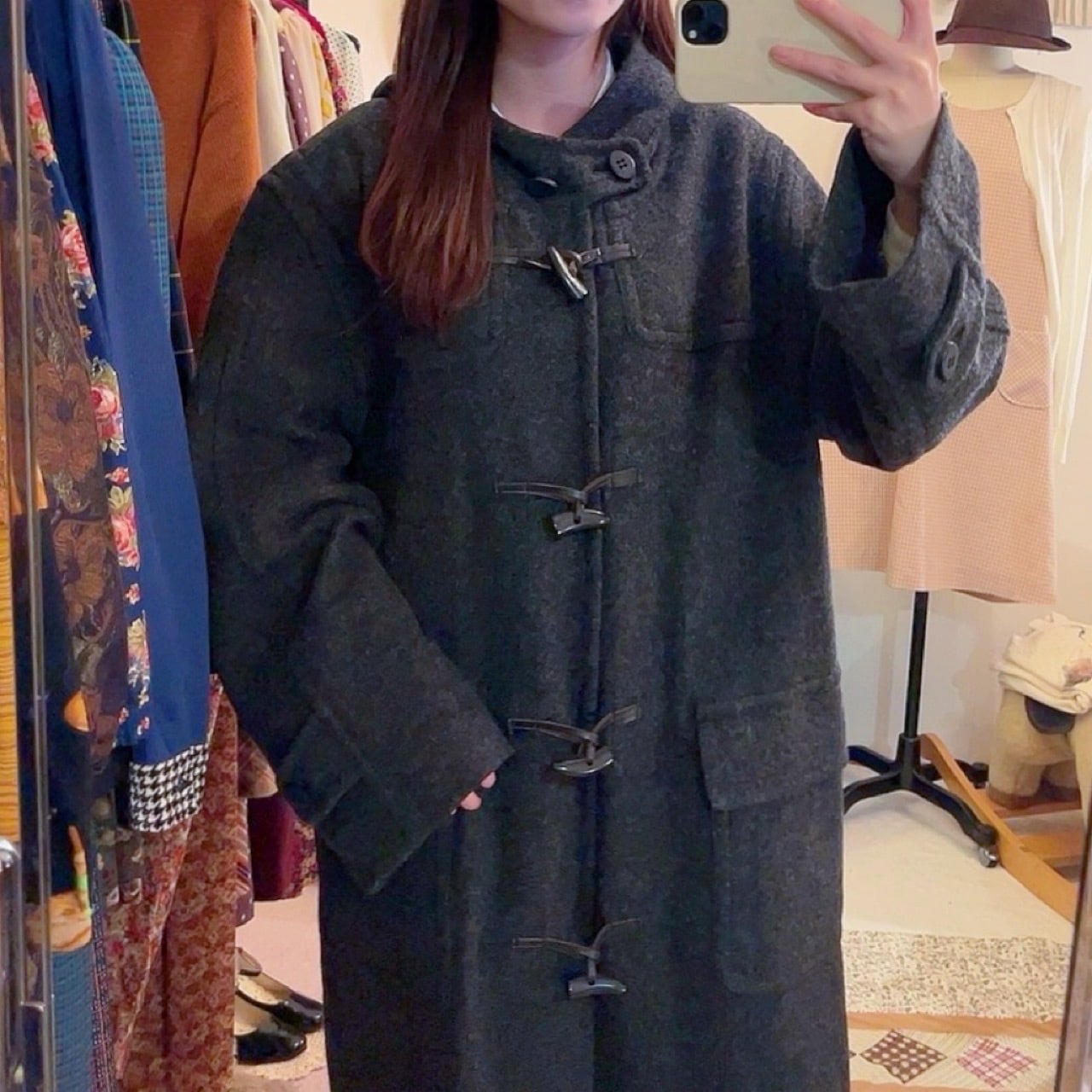 gray big duffle coat