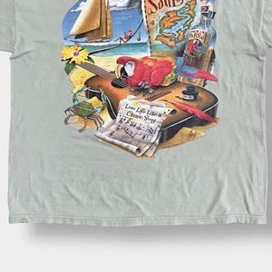 【Caribbean Soul】バックプリント Tシャツ 両面プリント イラスト コピーライト2002 X-LARGE ミント カリビアン 海 オウム ヨット 楽譜 ギター 地図 半袖 夏物 US古着