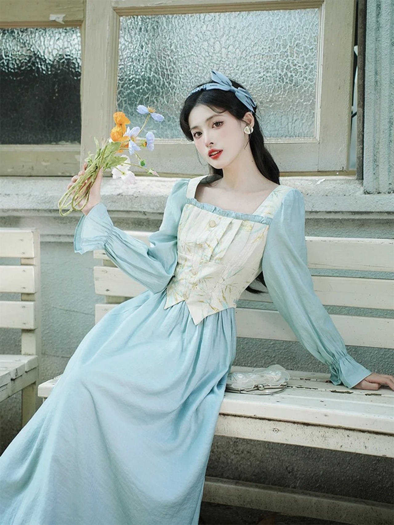 【0263】Vintage Square Neck Jacquard Long Sleeve Dress