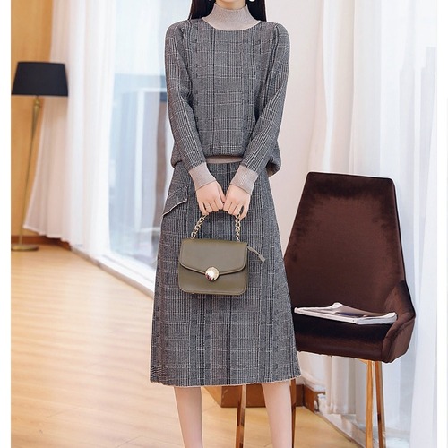 セットアップ ニット セーター 長袖 スカート ミディ丈 グリッド カーキ 秋冬 レディース