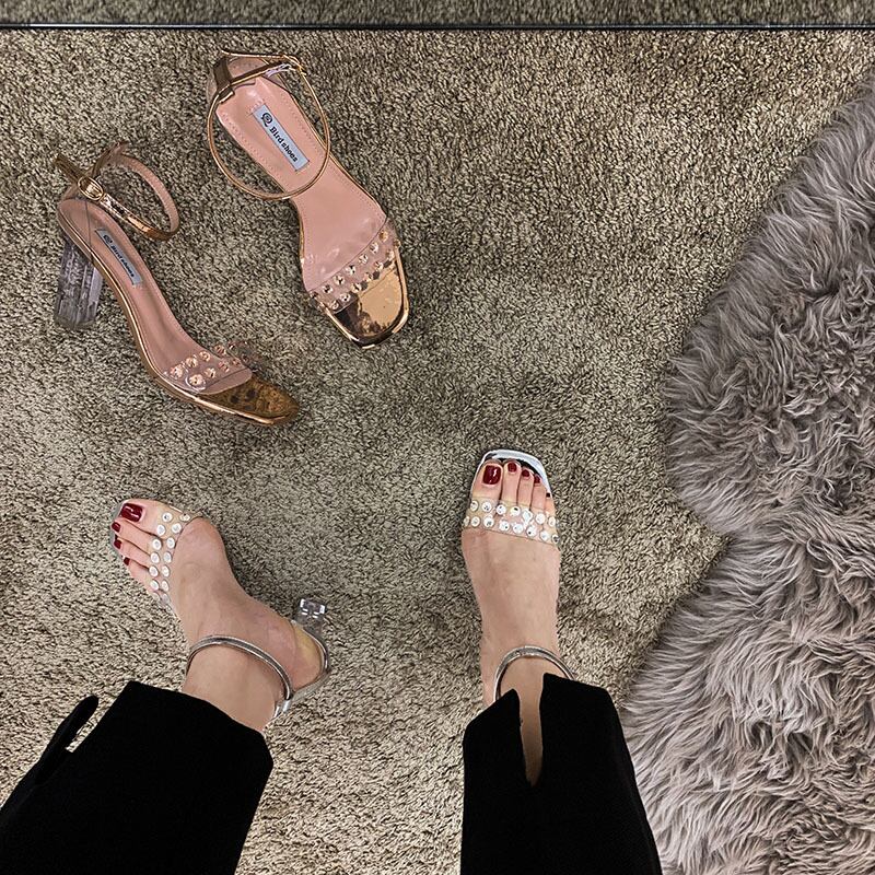 サンダルサマーラインストーンバックルレッドクリスタルヒール ハイヒール 靴 シューズ 夏物 フェイクシューズ39062365941