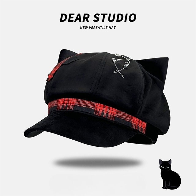 Y2K・ストリート｜猫耳チェックキャスケット｜原宿コーデの主役小物｜街着・撮影｜天使と悪魔