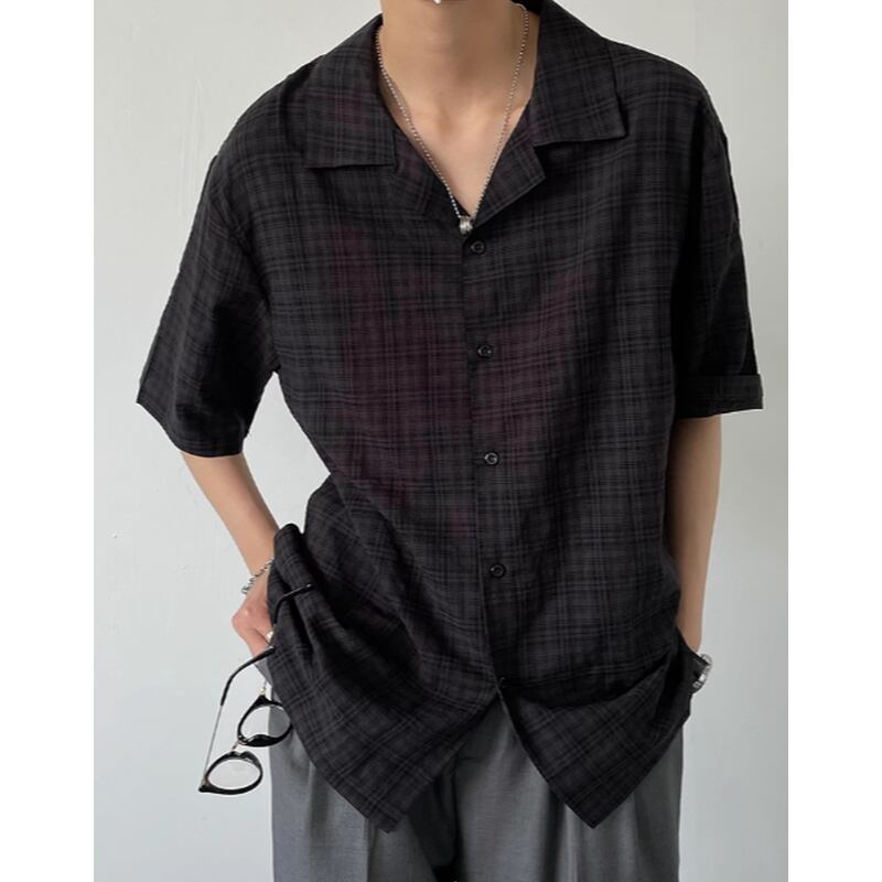 check pattern open collar short sleeve shirt mr0632