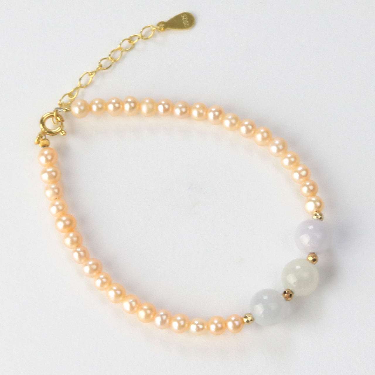 オレンジピンクが心揺さぶる ピンク ベビー パール & ラベンダー翡翠 シルバー ブレスレット br1019