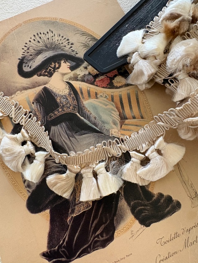 フランスVintage フリンジブレード ピンク×パープル× エクリュ 50cm／カット 幅40mm カルトナージュ デコレーション材 ヴィンテージトリム