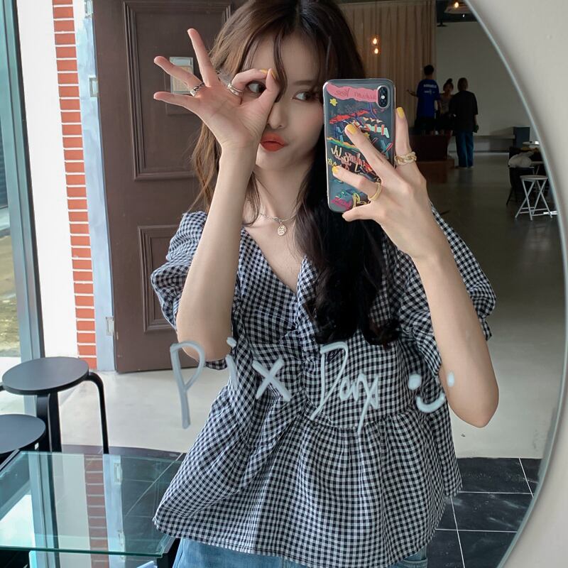 サマー薄手ブラウス シャツ Vネックスリーブ格子柄ショート 夏物 YY-ファッション80404353863