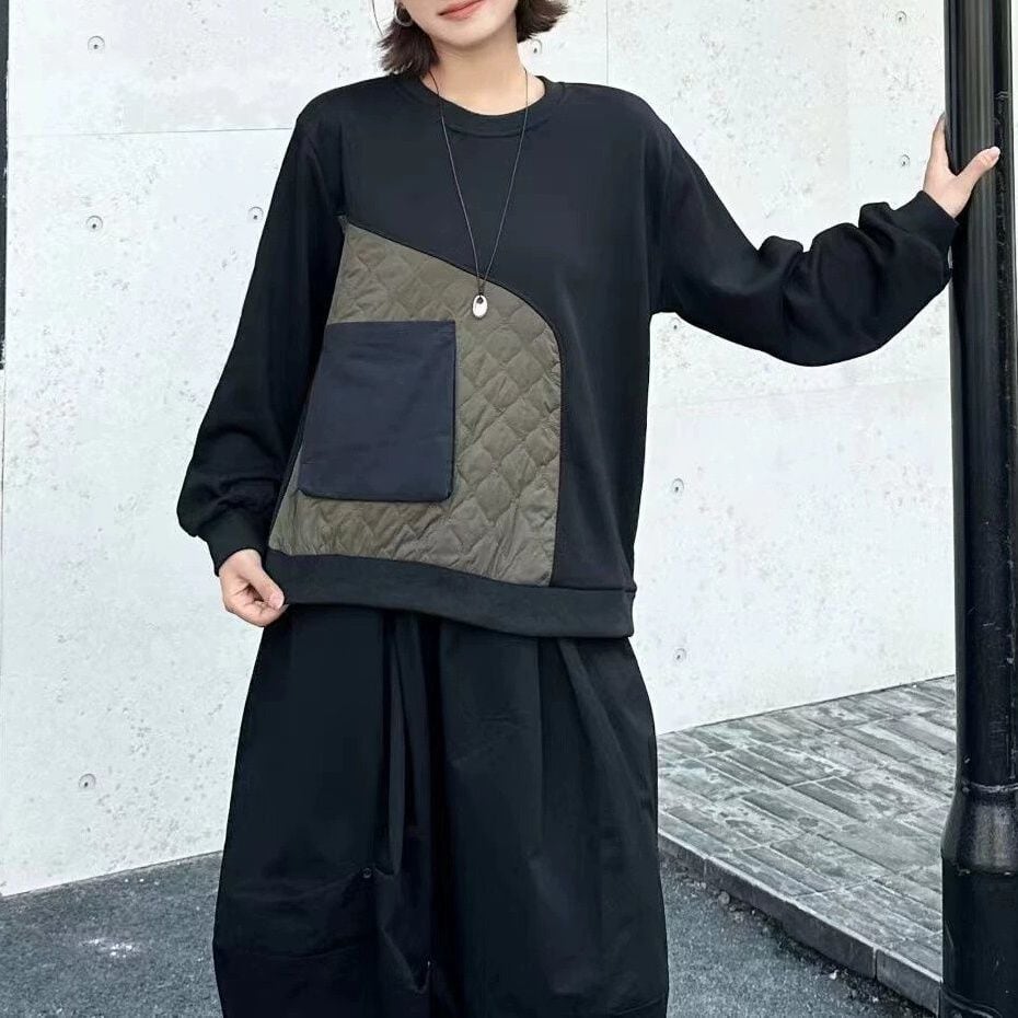 QUILTING PATCH DESIGN ROUND NECK SWEAT SHIRT 3colors M-15492