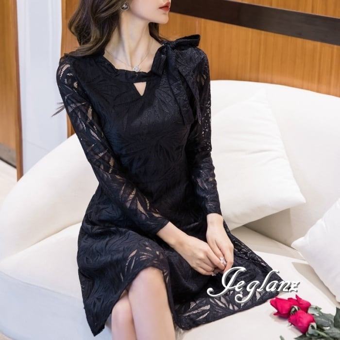 2色 透かし彫り ワンピース ドレス 総レース 肩リボン エターナル 7分袖 ♪(M8067)ζ