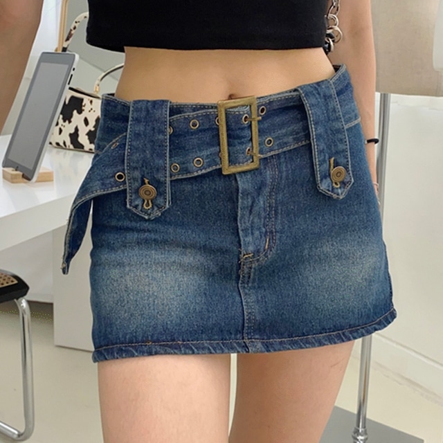 [KIIKO] Belted Low Mini Denim Skirt (Built-in underpants) 正規品 韓国ブランド 韓国代行 韓国通販 韓国ファッション スカート(パンツ)