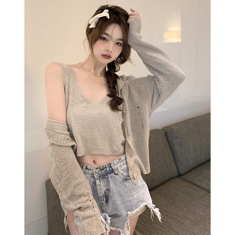 薄手ニットセーター シャツ サマールーズショートカーディガントップス ロング 夏物 ガールズファッション82742552060