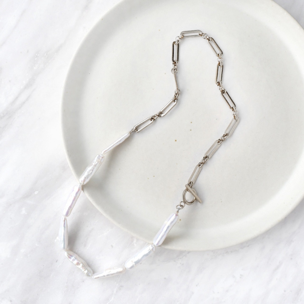 淡水パール フィガロチェーンネックレス / レクタングルバロックパール 22.0～25.0mm 40cm ステンレス製 / pe-220
