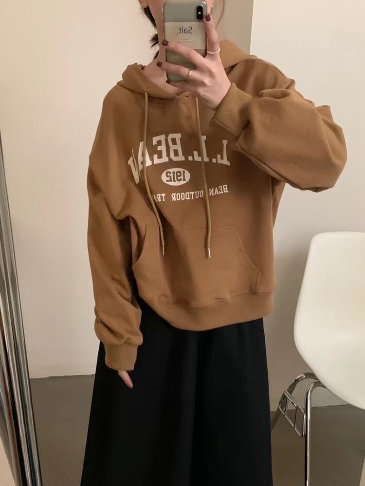 プリントポケットフードセーター オータムカジュアルラウンドネックプルオーバー ルーズ薄手 ロング 秋物 Oネック ビッグFスモールZ韓国63371251628