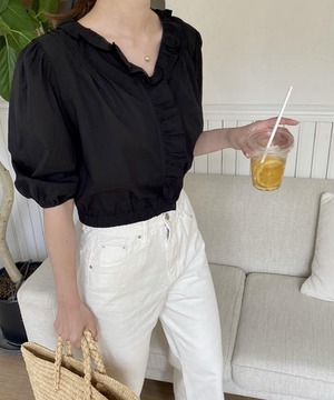 《即納商品》date frill blouse (ivory / black)