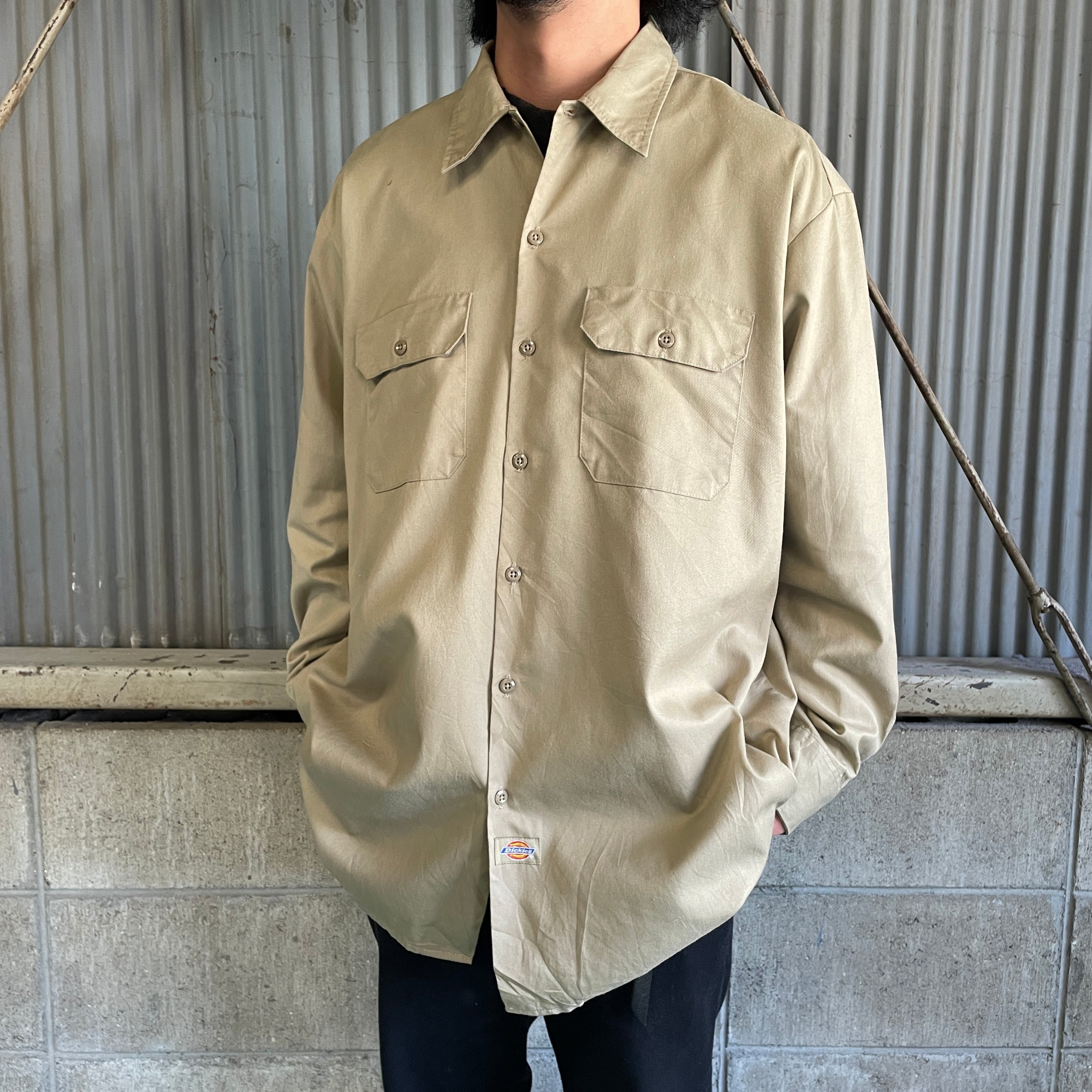 Dickies ディッキーズ 無地 長袖 ワークシャツ メンズXL 古着 ベージュ 