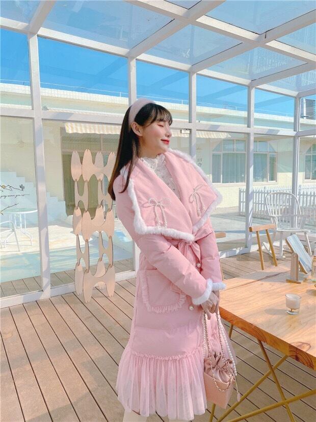 ピンク ダウン コート 襟 ガーリー ロング アウター ジャケット ファー 