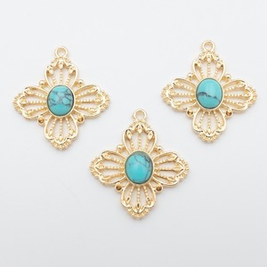 【C533-9】天然石調ターコイズ×合金石座　透かしチャーム 2個