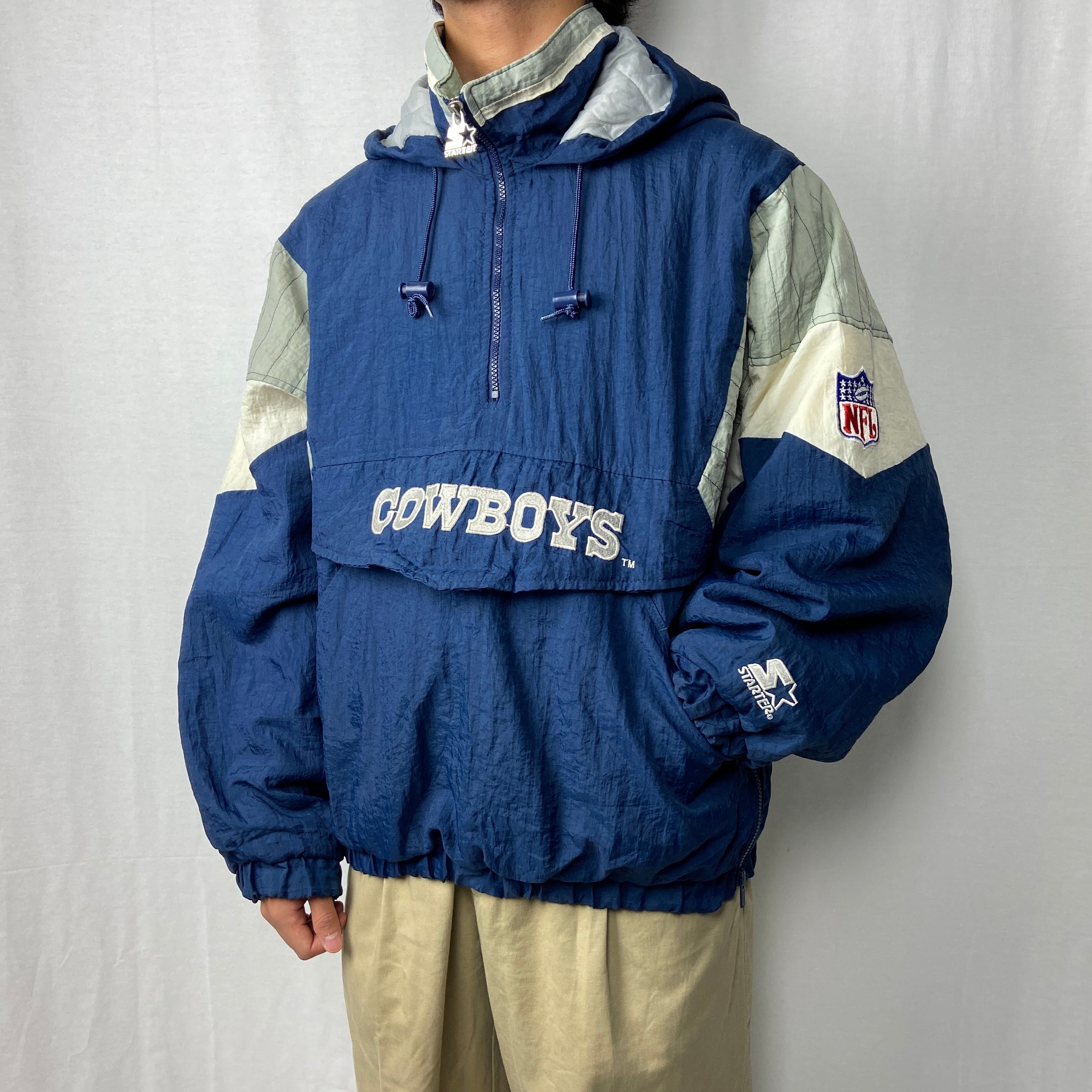 90年代 STARTER スターター プルオーバー ナイロンジャケット NFL ダラス・カウボーイズ メンズXL 古着 Dallas Cowboys  90s ヴィンテージ VINTAGE 中綿入り ハーフジップ アノラックパーカー フーディー ブルー グレー【ナイロンジャケット】/ブルー |