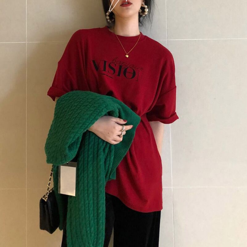 Tシャツ シャツ ルーズレッドスプリングオータムトップス 春物 秋物 ブラックストロベリース44183446904