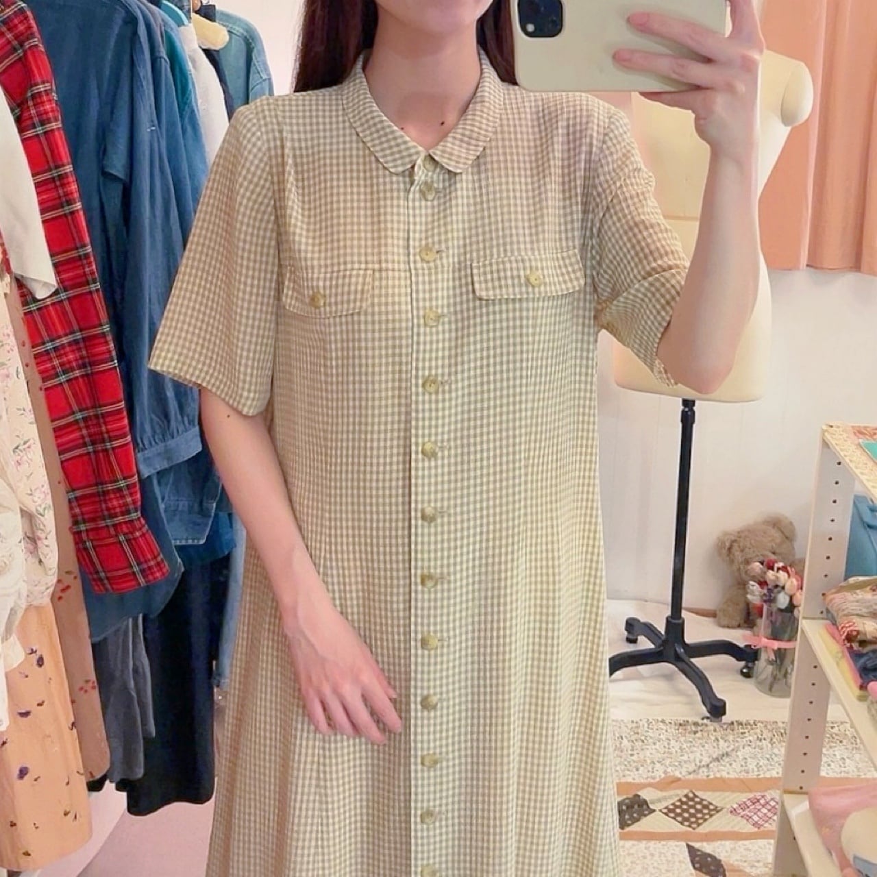 green gingham check one-piece