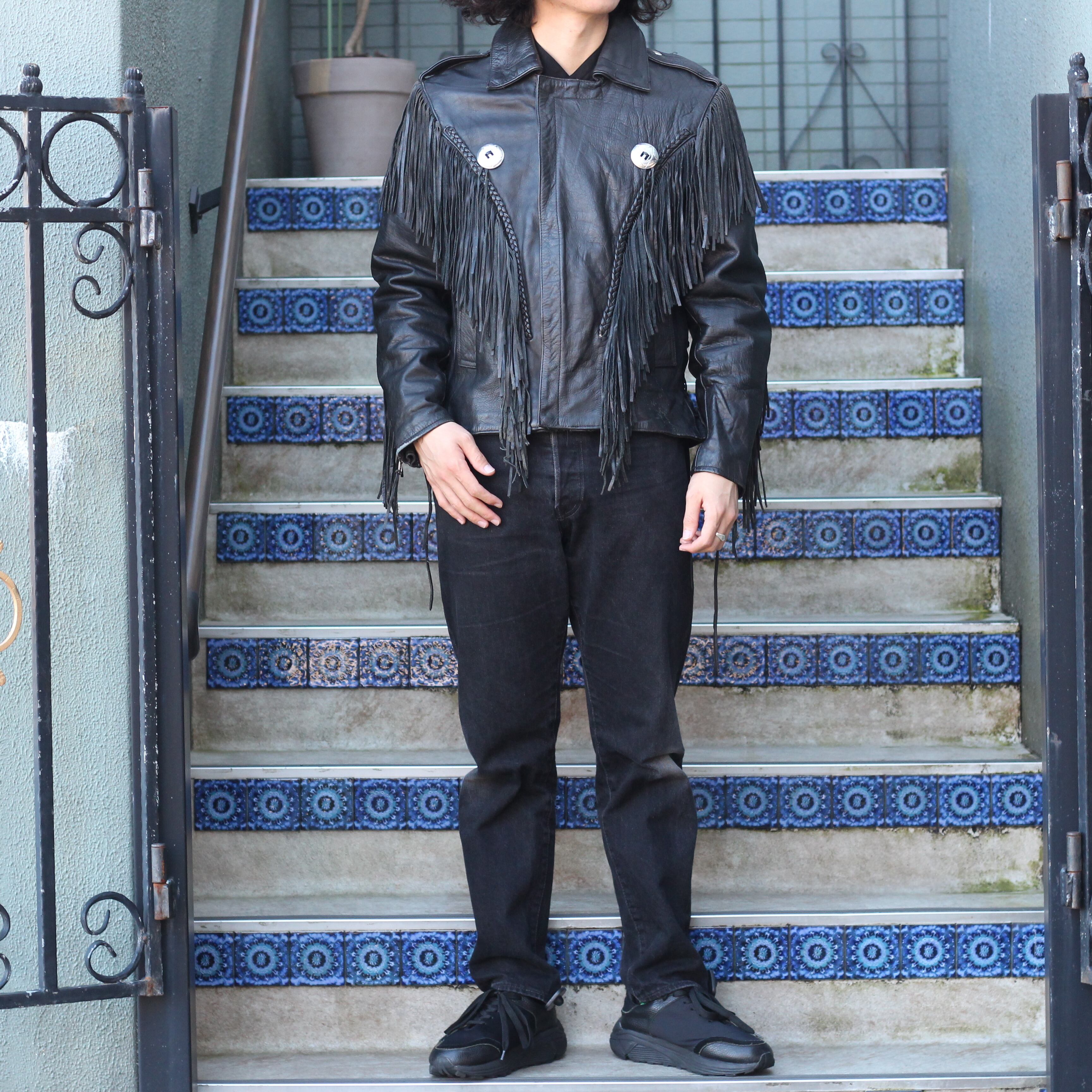 vintage fringe design leather jacket - レザージャケット