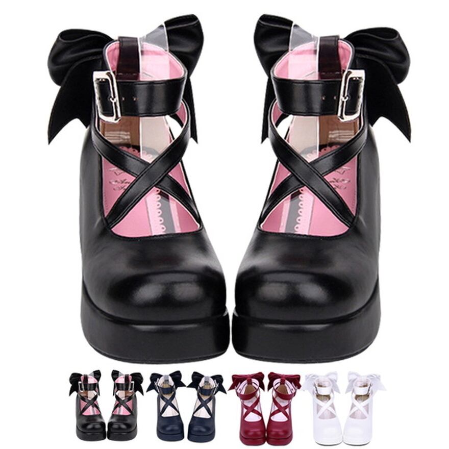 SEASONZ ロリータ 厚底 靴 パンプス リボン ストラップ パンプス お嬢様 ゆめかわ