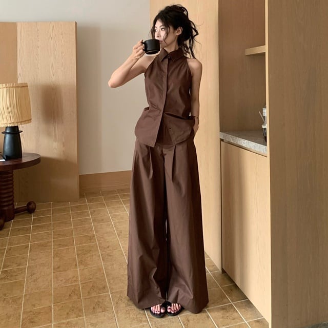 【予約販売】セットアップ レディース ノースリーブ パンツ 上下 ブラウン ワイドパンツ ハイウエスト 前ボタン オフィス カジュアル 体型カバー こなれ感 大人可愛い シンプル おしゃれ 韓国 通勤 旅行 春 夏 秋 トレンド S/M/L