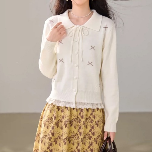 刺繍レースヘムリボンニットカーデ ・79453
