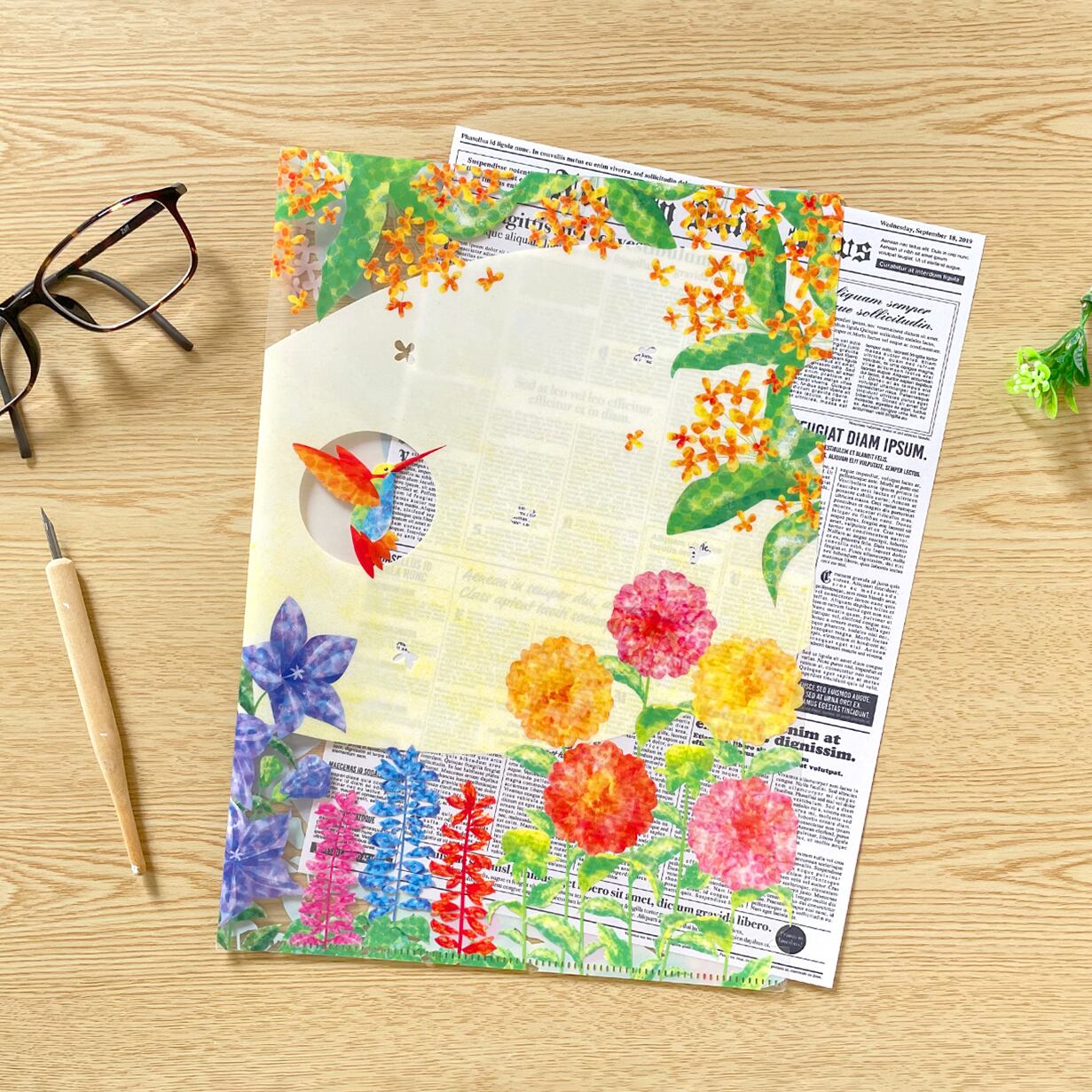花とハチドリのクリアファイル〈A4サイズ〉クリアホルダー 文房具 書類