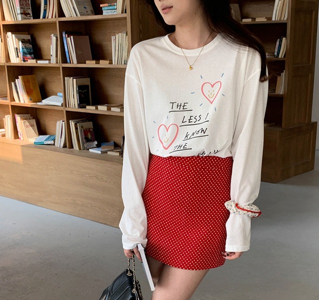 トップス カットソー ロンT プリント ハート ロゴ カジュアル シンプル キュート