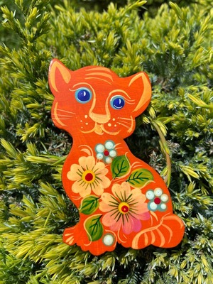 ペトリキフカ塗り　木製マグネット 　キャット　猫（Khomenko作）