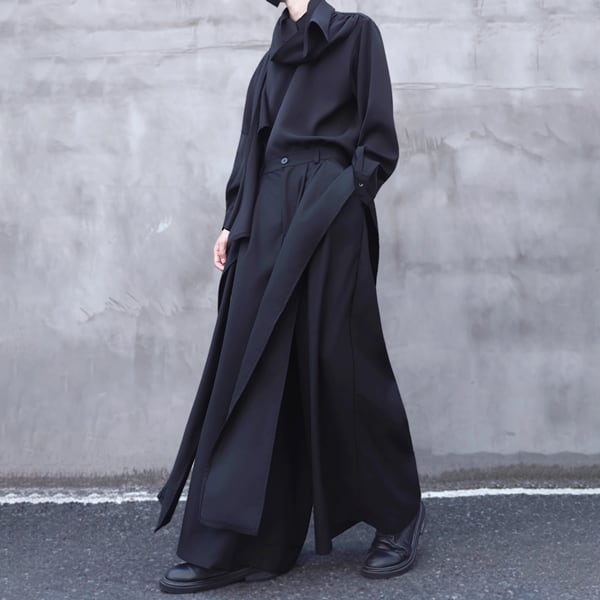 ドレープレイヤードデザインブラックワイドロングパンツ(ruf_02513)