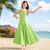フラダンス 衣装 ALOHA STANDARDS アロハスタンダード ワンピース ドレス グリーン系 光沢感 キャミソールドレス ハワイアン アロハ フラ ダンス レッスン 練習 ハワイアンダンス 無地 シンプル 黄緑 華やか 鮮やか かわいい おしゃれ 上品 大人っぽい ダンス衣装 練習着 レッスンウェア