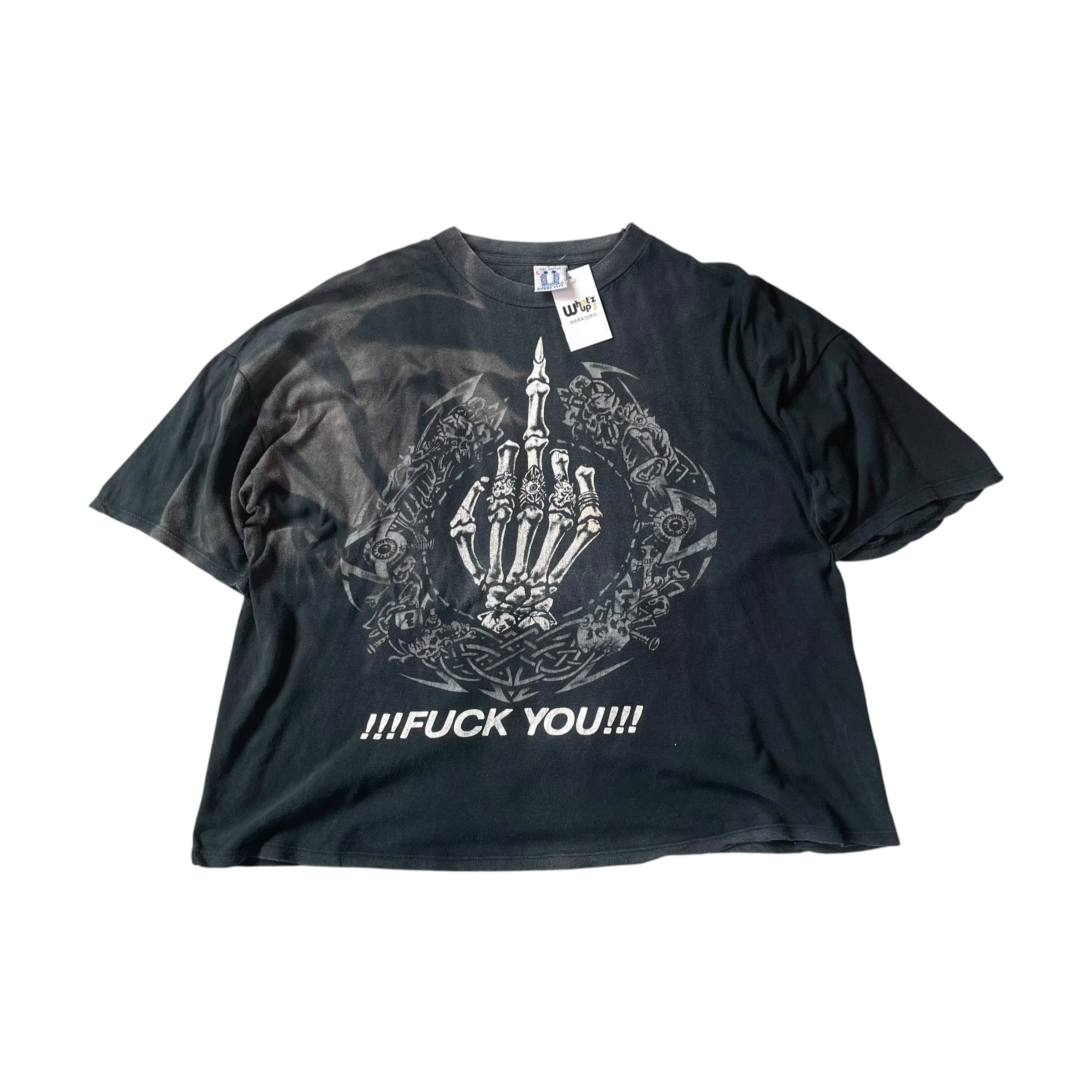 Good Sunfade!! 1990s !!!FUCK YOU!!! skull hand sign T-shirt
