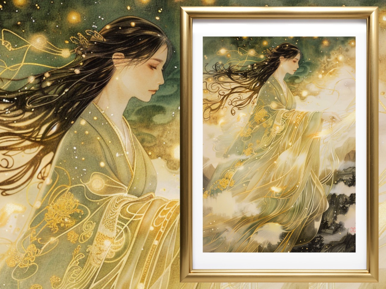 次元上昇絵画｜神界 龍雲翠（緑）富士 天照大御神 高次元アート 高波動風水絵画☆雲海富士『天界』 特大色紙サイズ 次元上昇