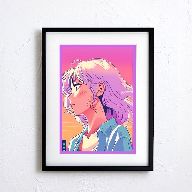 夕焼けグラデーションに佇む横顔アートポスター『Afterglow』｜ラベンダーヘアが映えるエモーショナルな一：｜A4ポスター